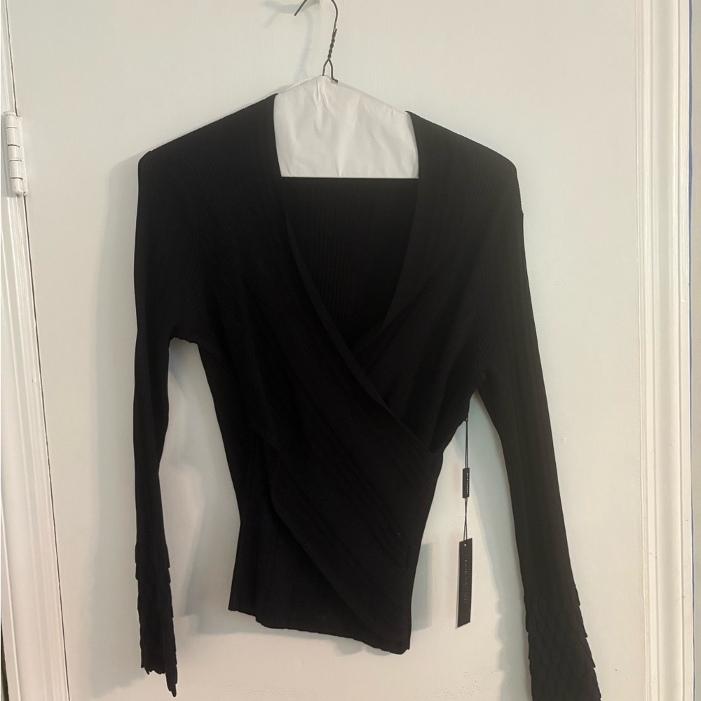 Elie Tahari Black Fitted Wrap Knit Top NEW WITH TAGS
